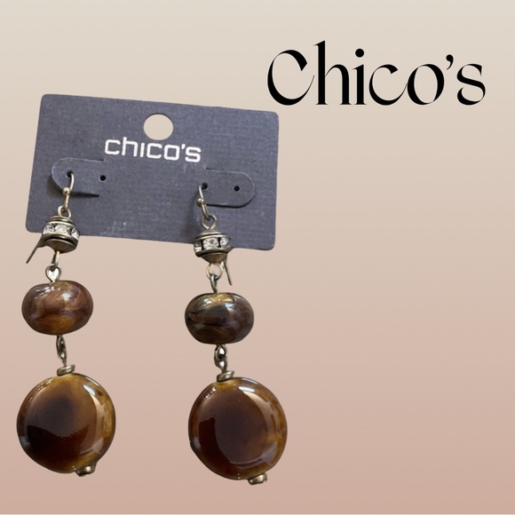 Chico’s Rhinestone Boho Statement Earrings Brown Beads Drop Dangle Gift NWT - Picture 1 of 5